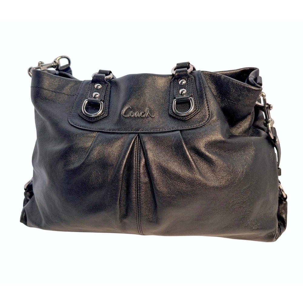 Coach Ashley soft black pebble‎ leather with 3 compartments purple fabric